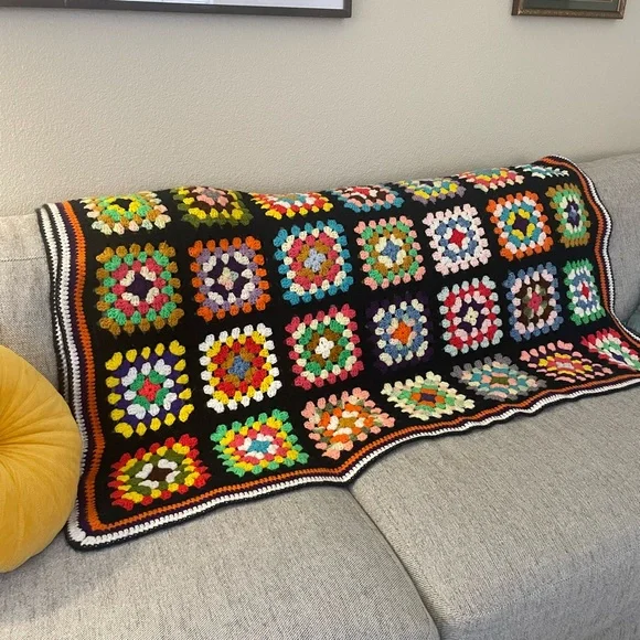 70s Inspired Large Handmade Crochet Throw Blanket Black (Vintage)